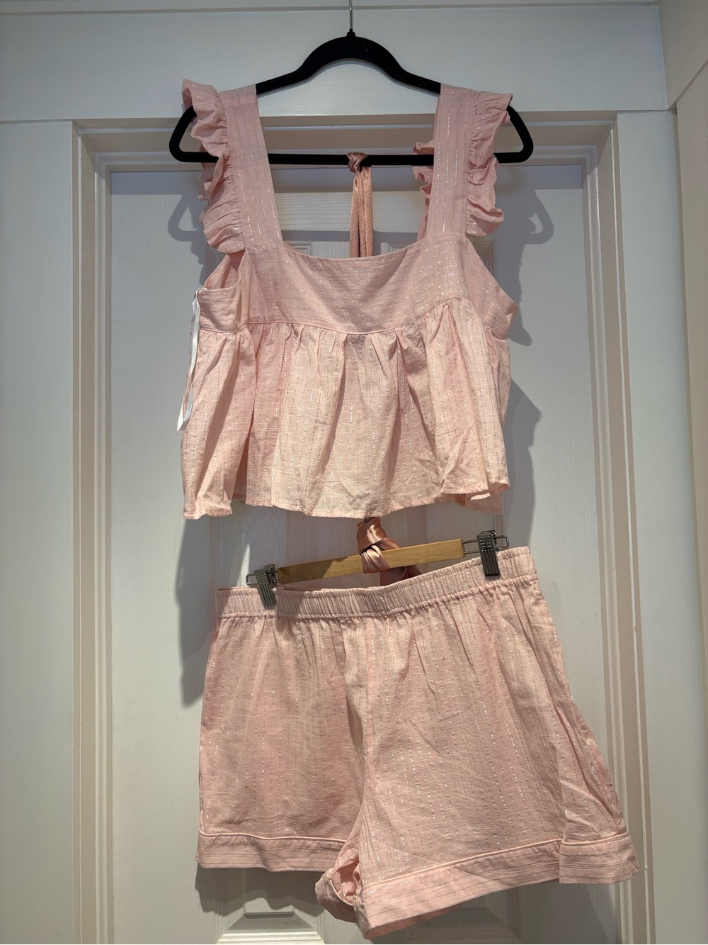 Brand New Women's Pink Shimmer Ruffled Sleep Set - Top & Shorts